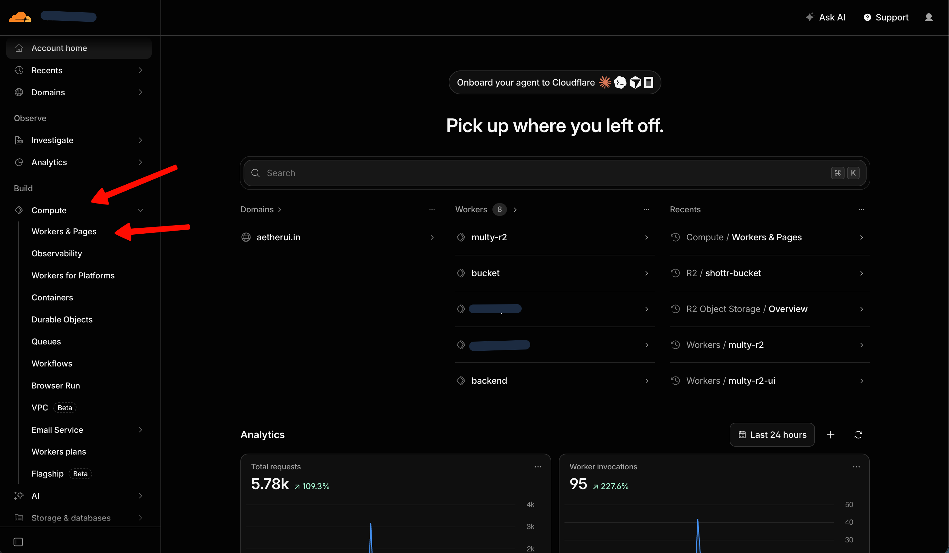 Cloudflare dashboard sidebar with Compute and Workers and Pages highlighted