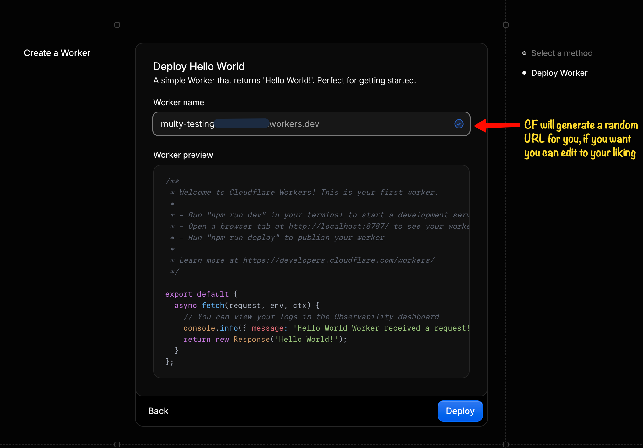 Deploy Hello World dialog with worker name field