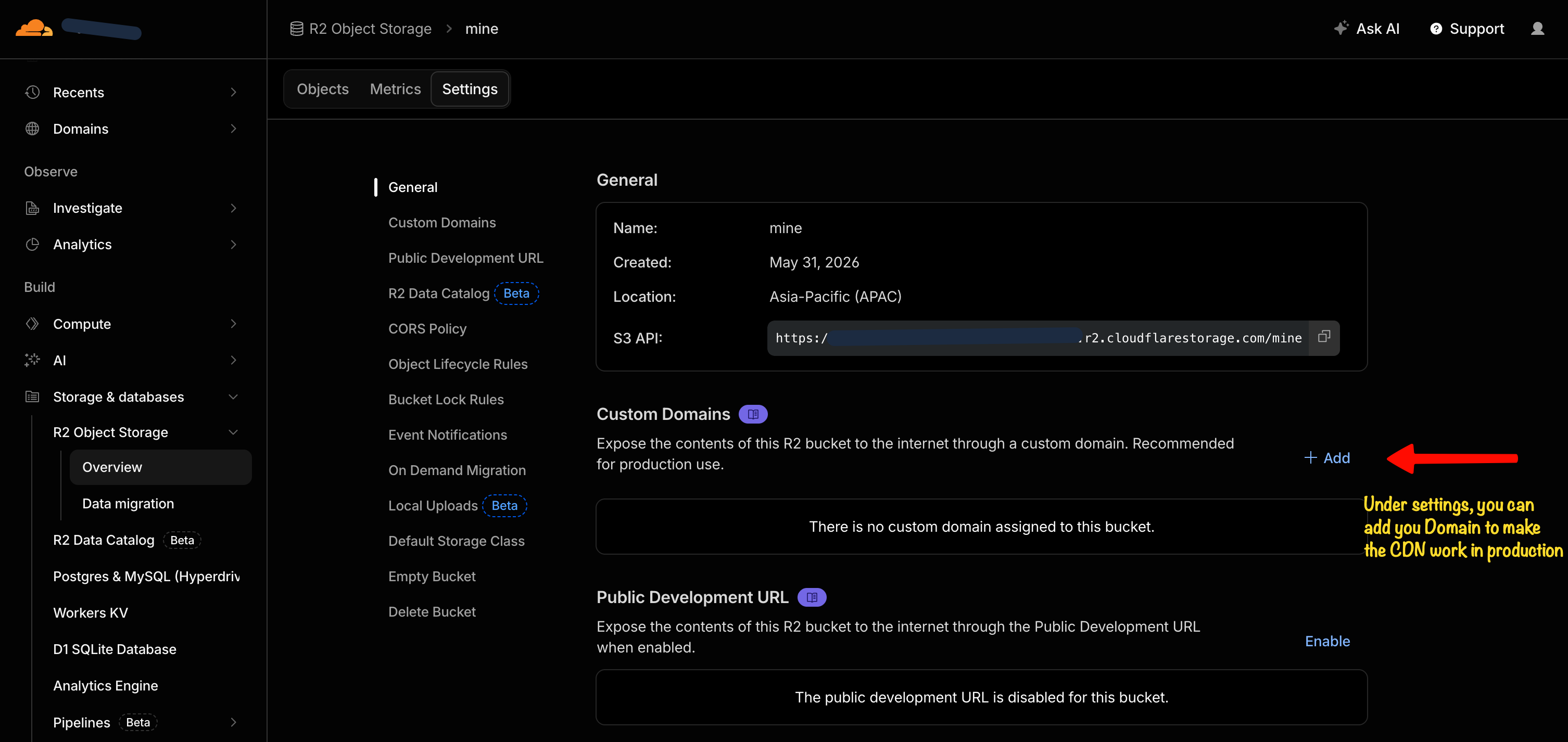 R2 bucket Settings Custom Domains section with Add button