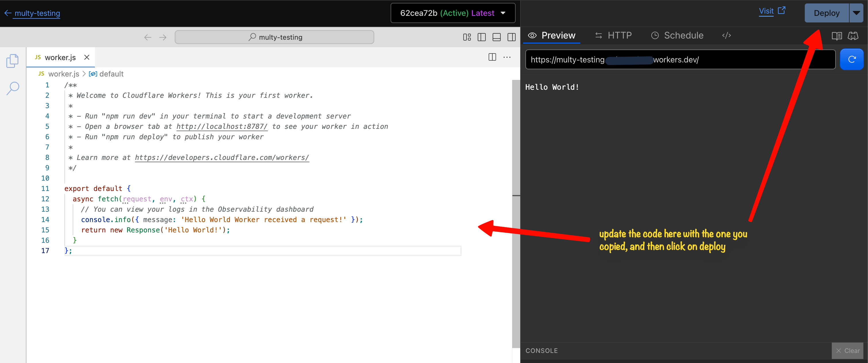 Cloudflare Worker code editor with Deploy button highlighted