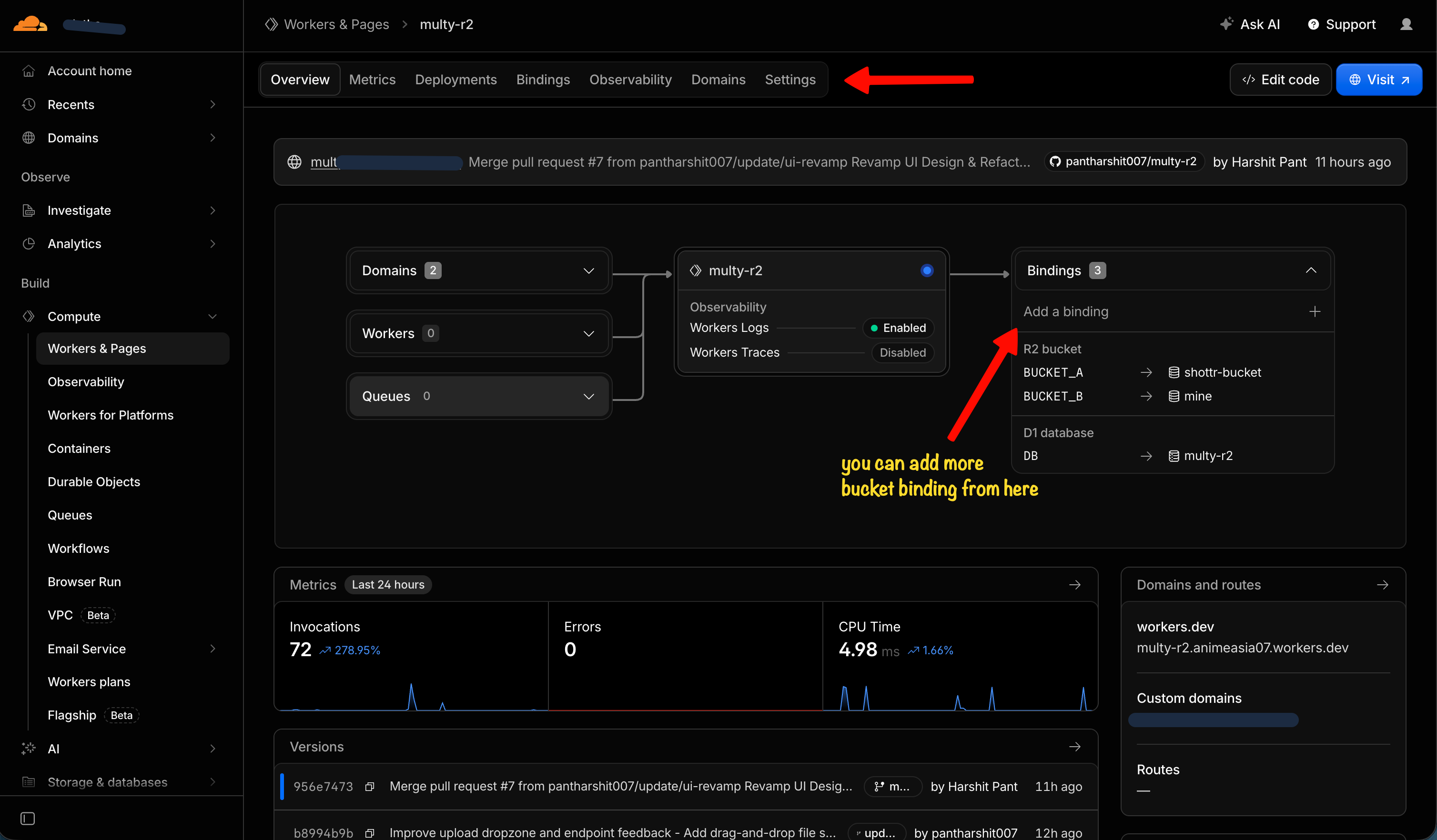 Worker overview showing Bindings panel with R2 buckets and D1