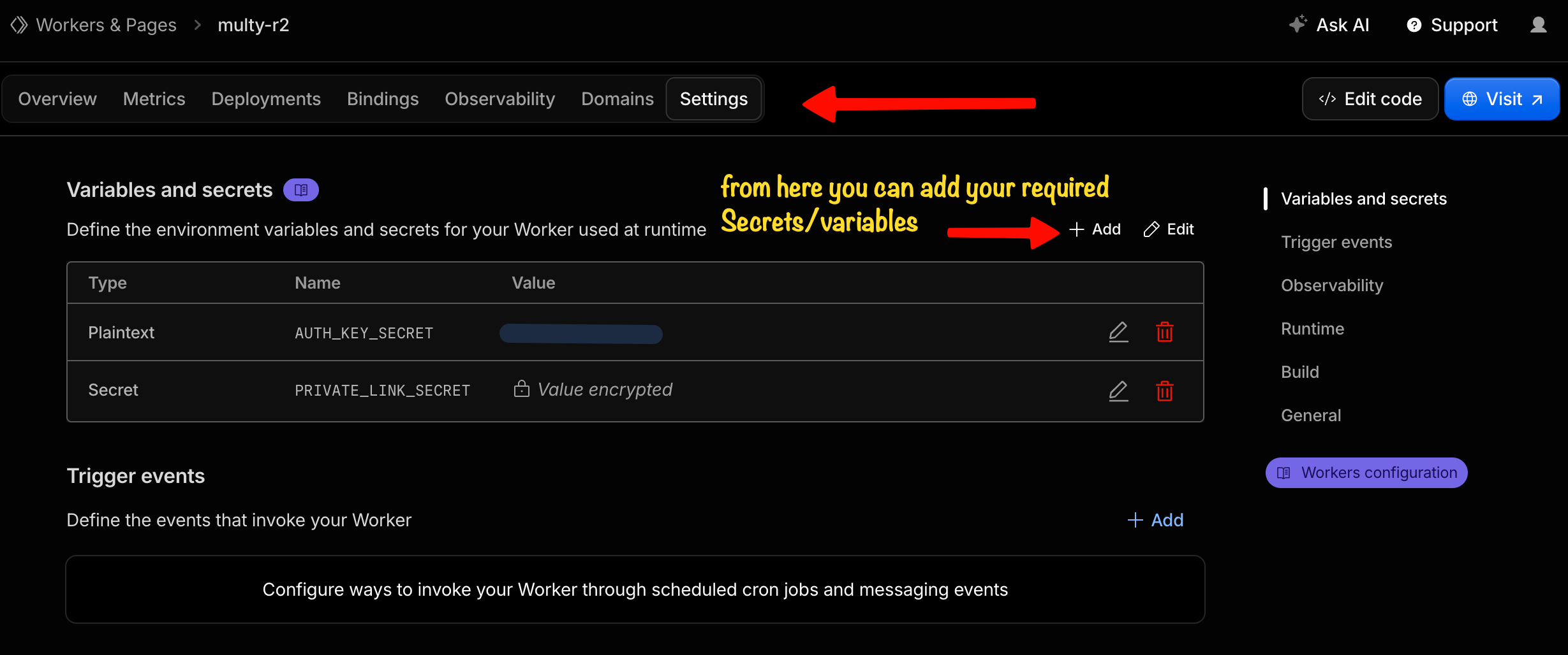 Worker Settings Variables and secrets with Add button highlighted